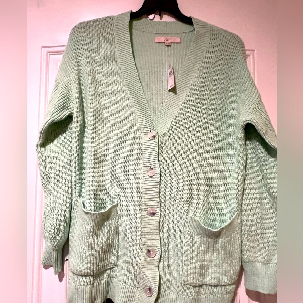 Light green, button-down cardigan